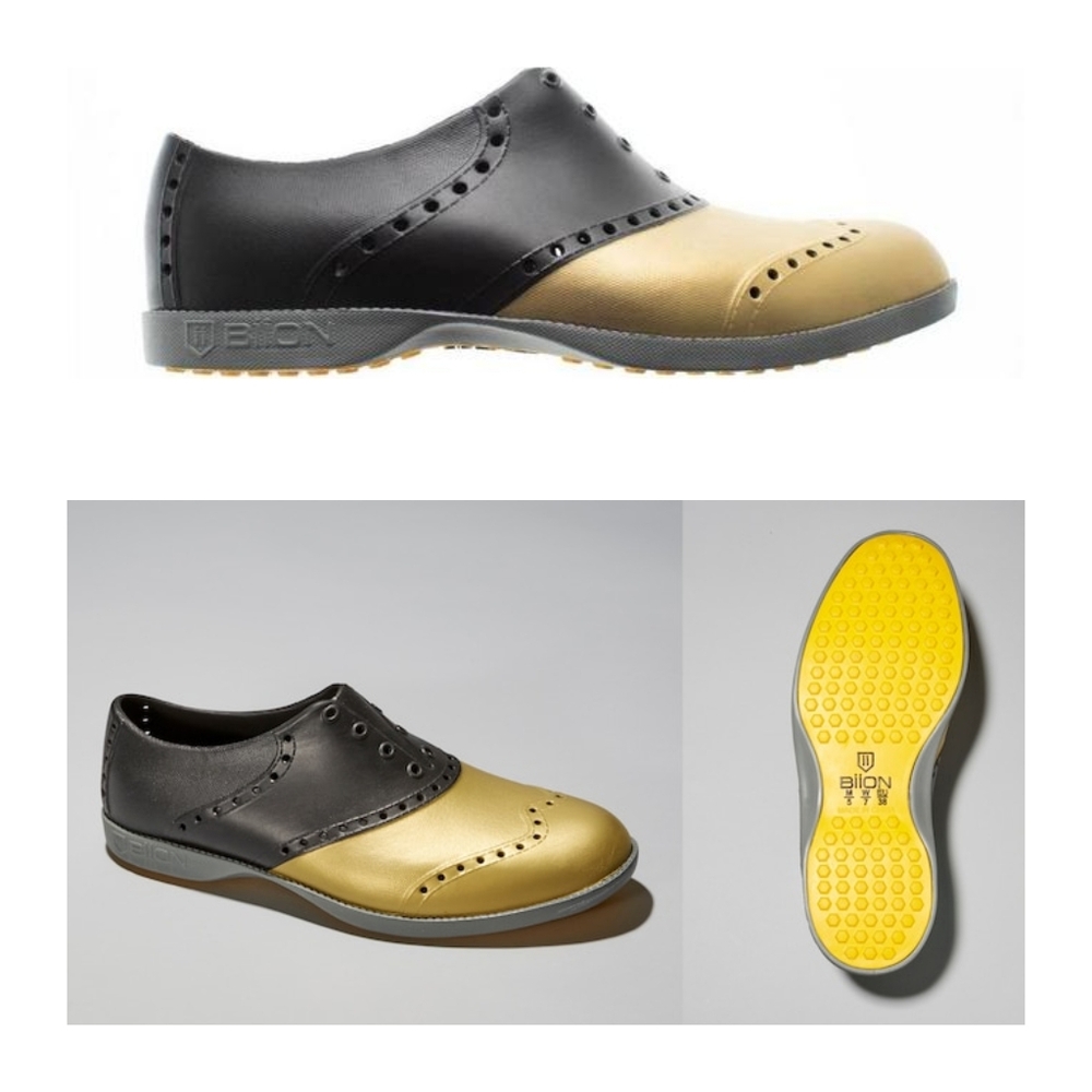 Biion Oxford Wingtip UNISEX Wingtip Slip-On Black and Gold Golf Shoes W8 M6
